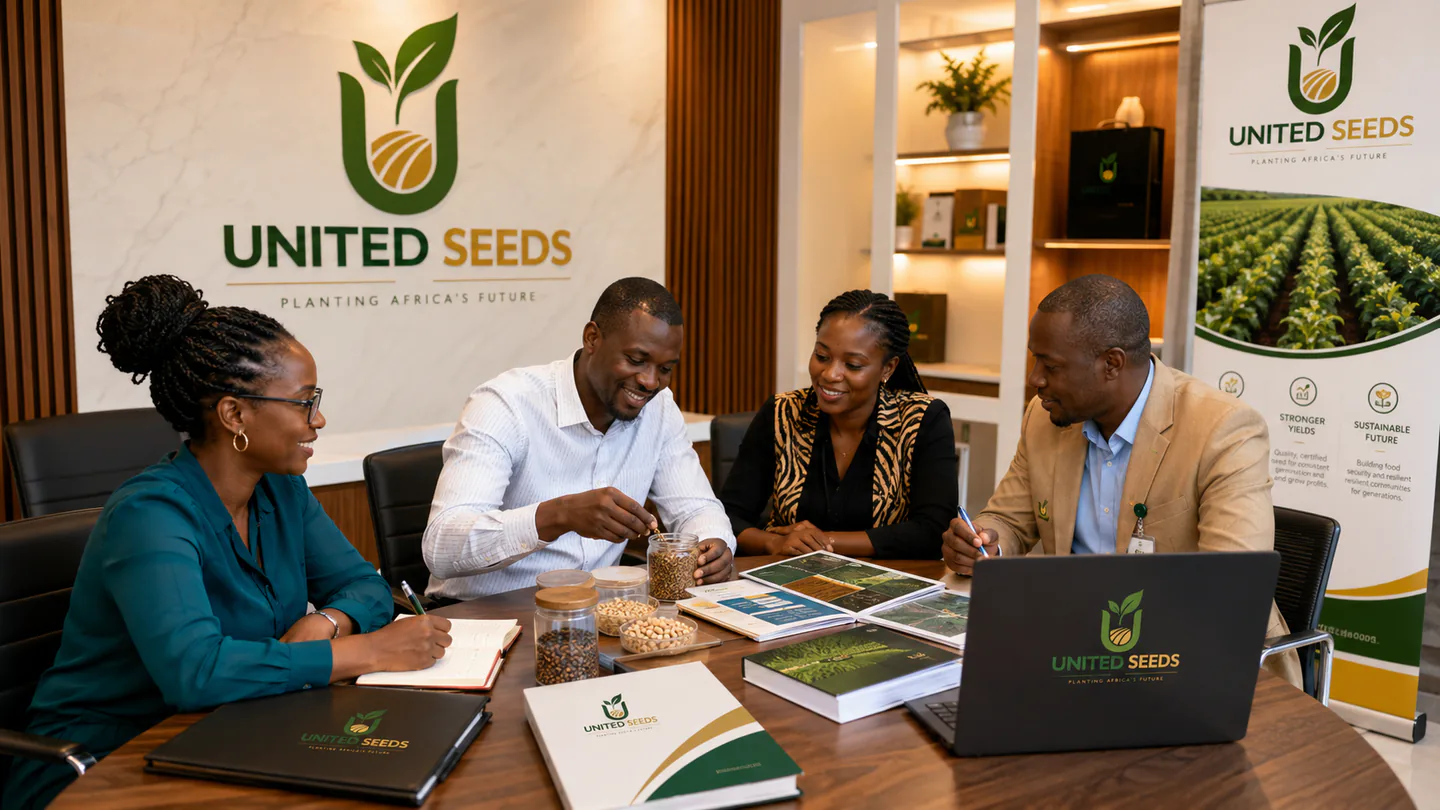 United Seeds team holding an agribusiness planning meeting with branded office materials