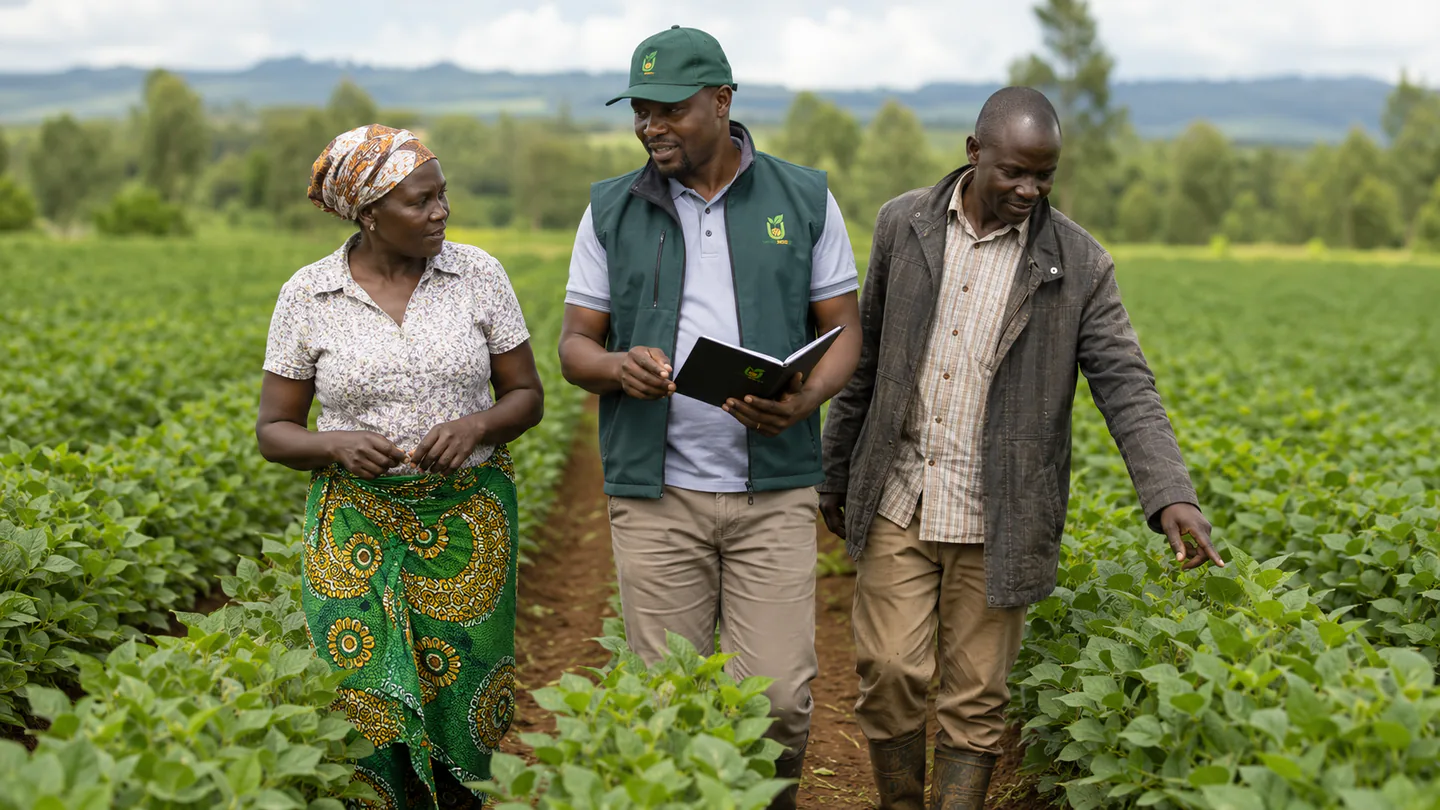 United Seeds advisor walking through crop rows with farmers during an agronomy visit