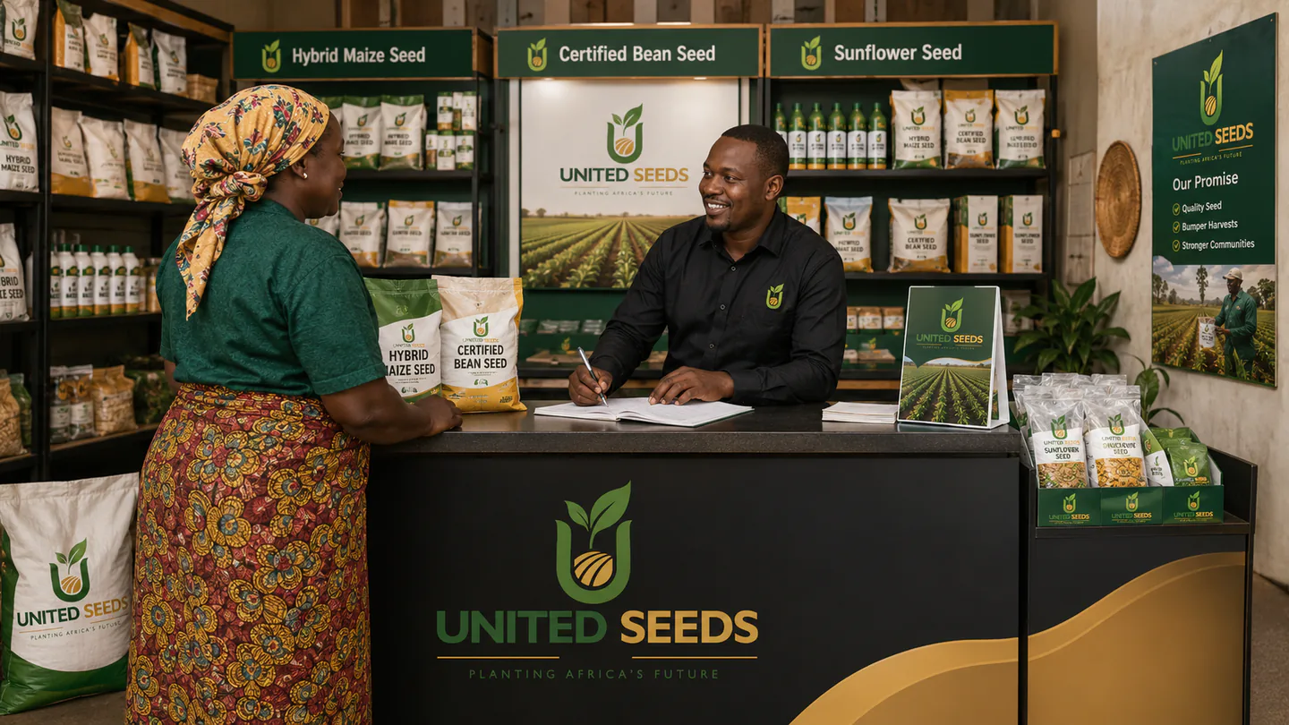 United Seeds agro-dealer counter with branded seed products and customer service interaction