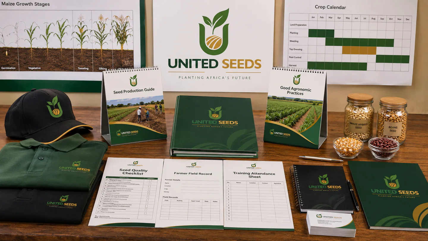 United Seeds branded folders, forms, cap, and advisory materials arranged on a meeting table