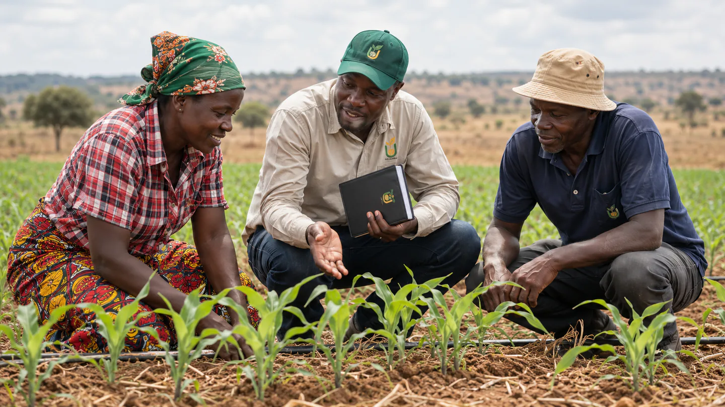 United Seeds field team reviewing young crop establishment in a climate-aware seedling support scene