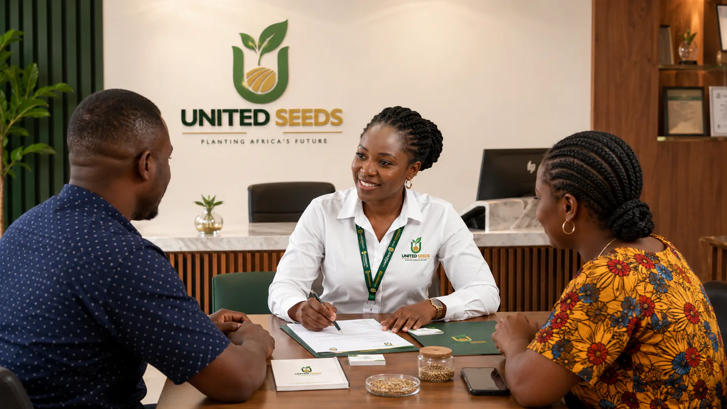 United Seeds staff assisting visitors during an office consultation