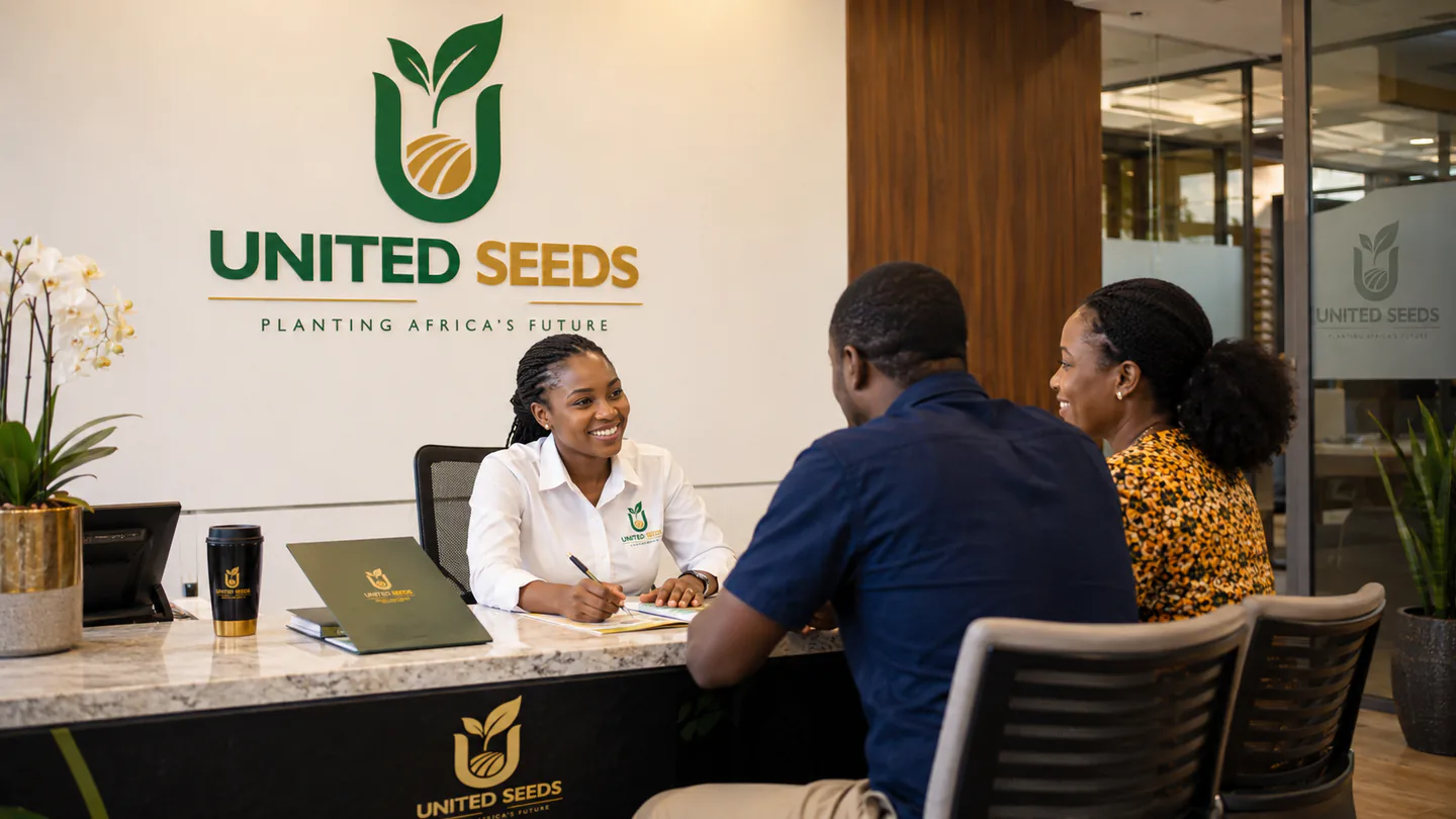 United Seeds office consultation area with branded wall signage and staff assisting visitors