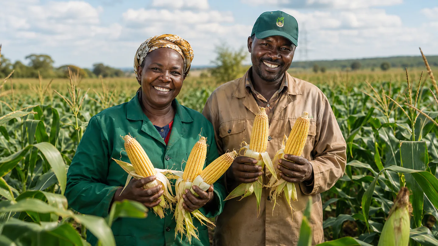 Farmers holding harvested maize in a healthy United Seeds crop performance field