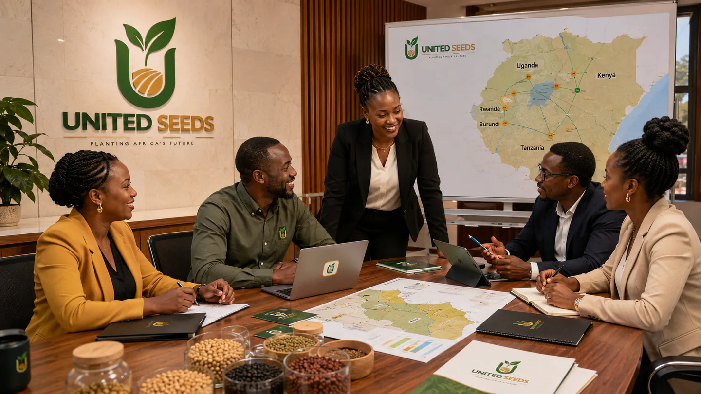 United Seeds team reviewing regional planning materials in a branded strategy meeting