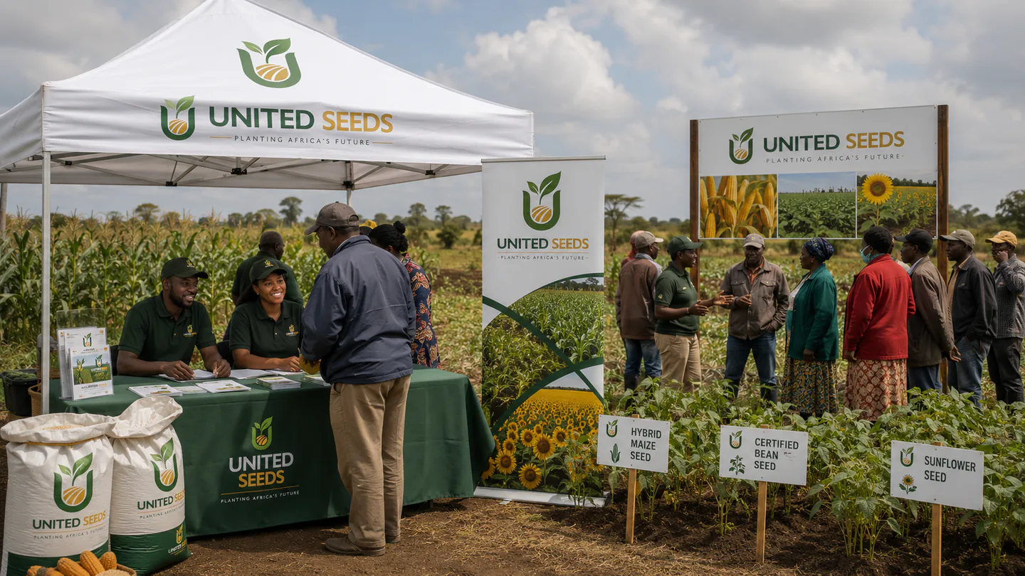 United Seeds field demonstration event with branded tents, plots, and farmer learning stations