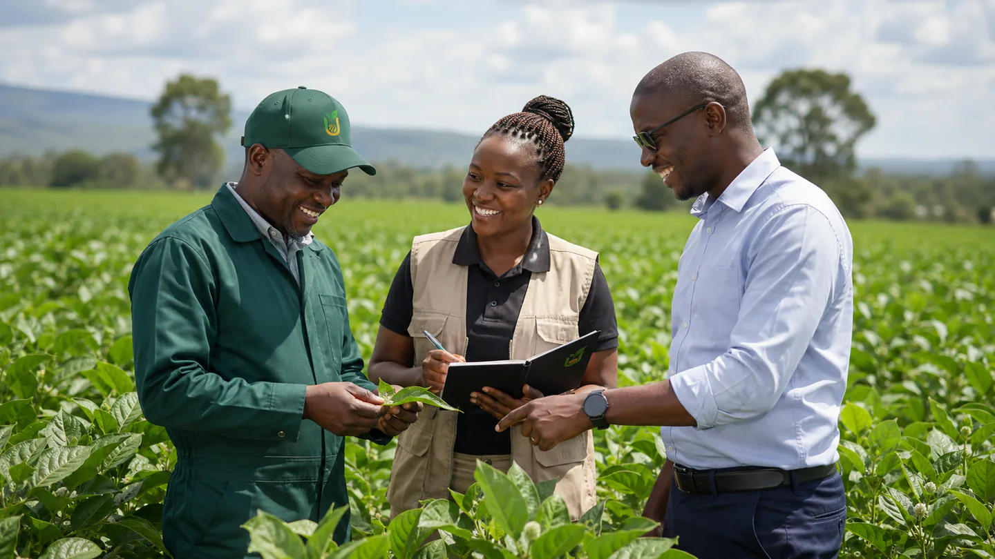 United Seeds team and partner reviewing field notes during a crop partnership visit