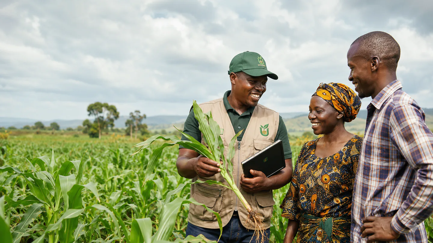 United Seeds field advisor reviewing a maize crop with farmers in a Kenyan seed production field