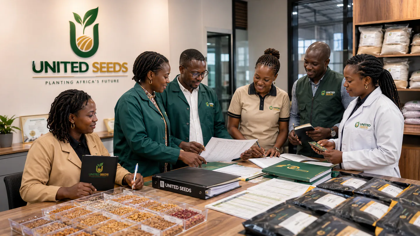 United Seeds operations team reviewing seed samples and branded materials in an office setting