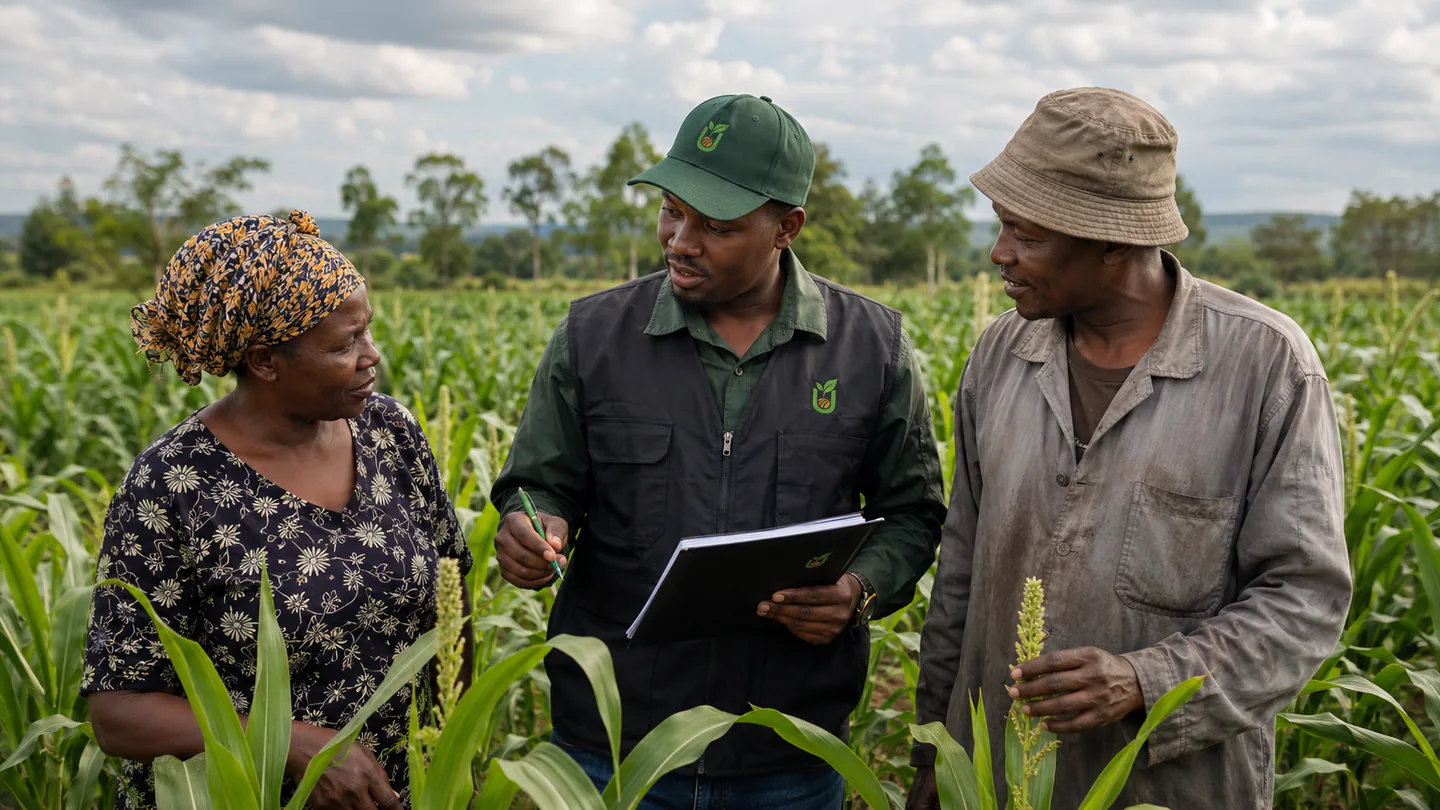 United Seeds field officer reviewing crop progress with outgrower farmers