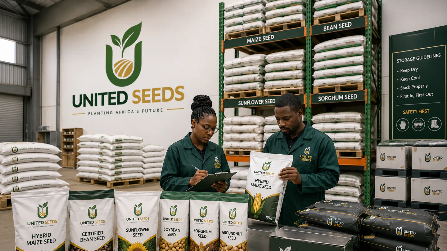 United Seeds packaged seed bags and boxes arranged in an organized storage area