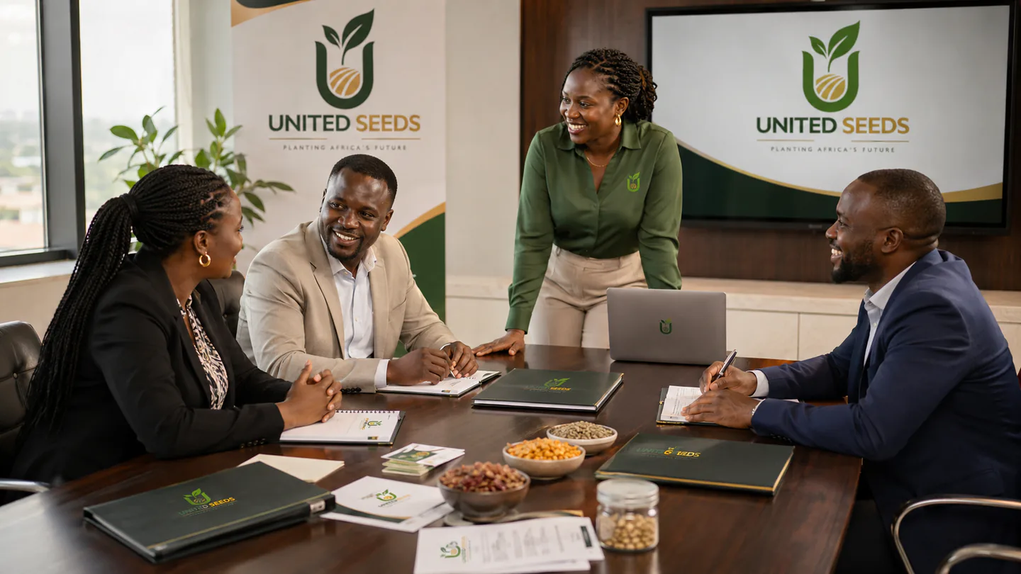 United Seeds team and partners meeting in a branded boardroom with seed enterprise materials