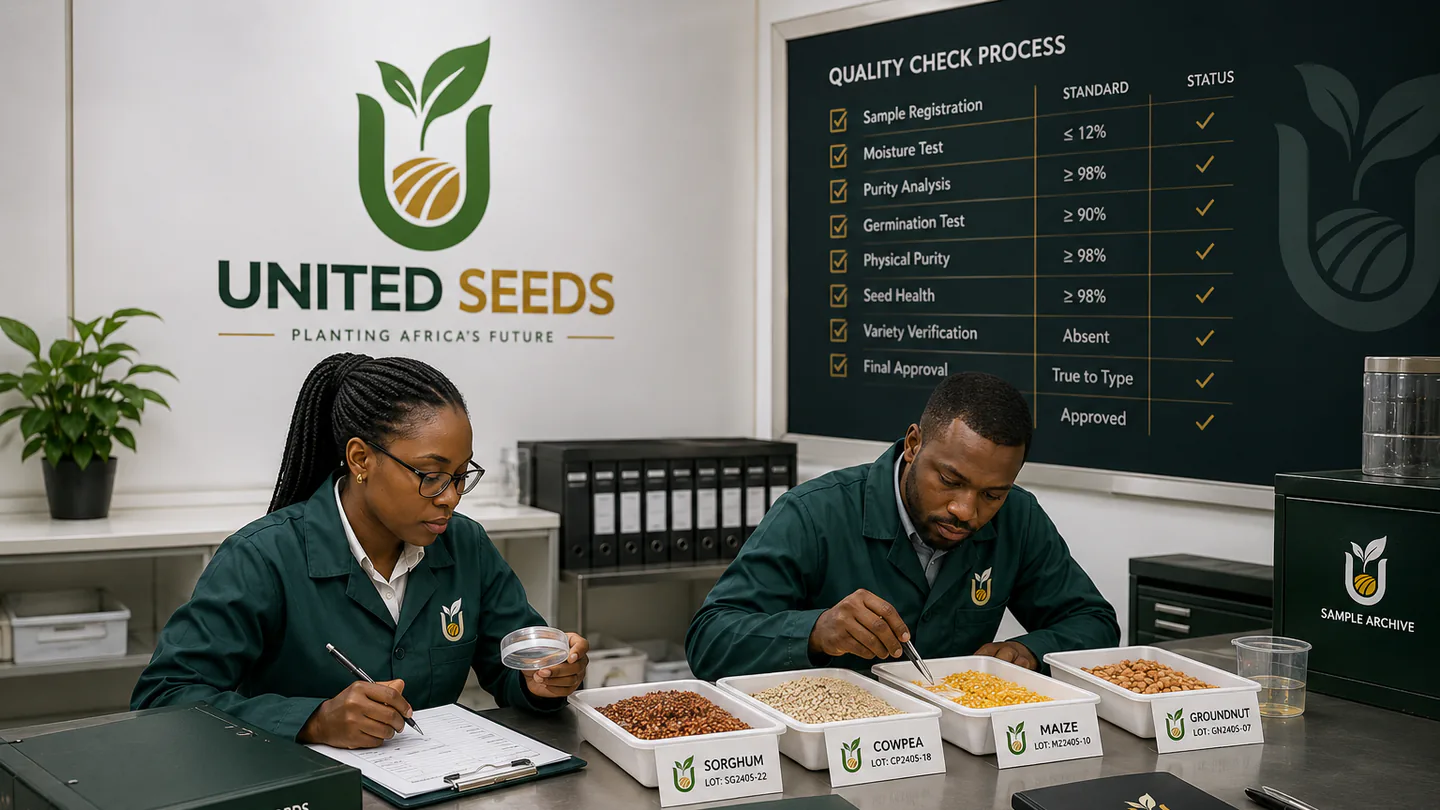 United Seeds staff reviewing quality assurance records and branded seed materials