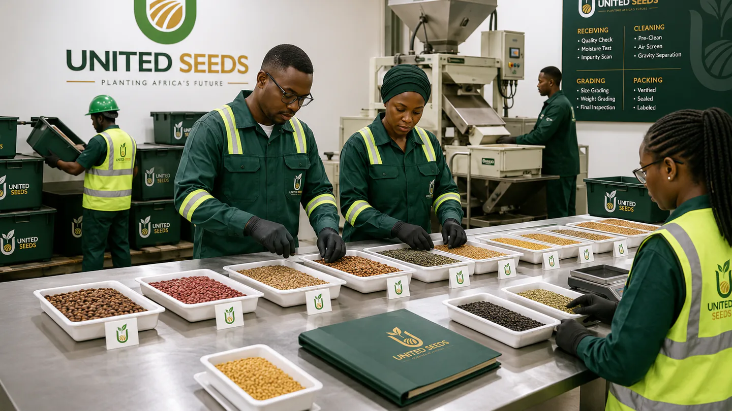 United Seeds staff inspecting seed samples and grading materials in a processing environment