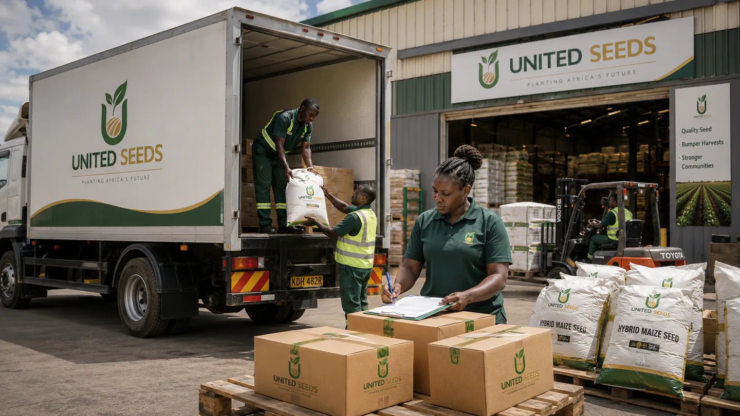 United Seeds branded delivery truck and staff preparing seed bags and cartons for dispatch